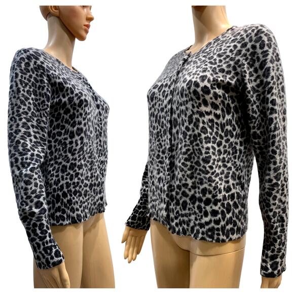 Y2K Vintage Black & Gray Leopard Print Cashmere Cardigan Sweater | S/M - Picture 2 of 8